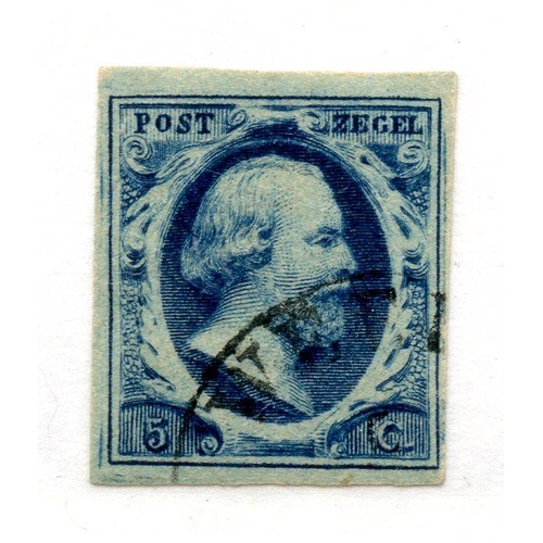 684 - NETHERLANDS 1852 - 63 5c deep blue 4 margined plate 1 fu. SG 10. Cat £70.