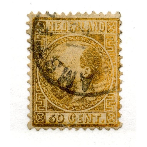 687 - NETHERLANDS 1867 - 69 50c gold no wmk die 1 used. SG 16. Cat £250.