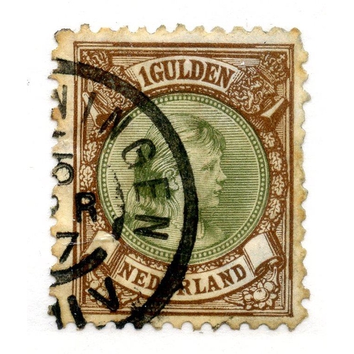 691 - NETHERLANDS 1893 - 98 1g olive-green and brown perf 11½ used. SG 163. Cat £100.