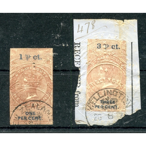 712 - NEW ZEALAND REVENUES ESTATE DUTY 1868 1% brown and blue plus 3% brown and blue on piece, both close ... 