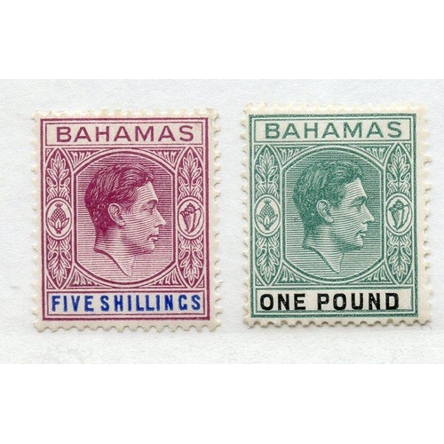 73 - BAHAMAS 1938 - 52 5/- dull mauve and deep blue plus £1 blue green and black um. SG 157a. Cat £88.