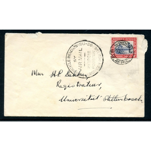 810 - SWA 1936 airmail cover to South Africa with unusual cachet. Good condition.