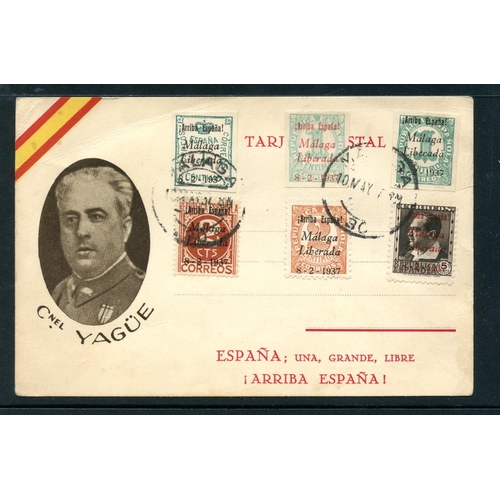 815 - SPAIN 1937 card of Colonel Yague franked with 6 different Malaga local stamps. Good condition.