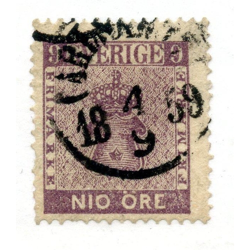 820 - SWEDEN 1858 - 72 9 ore purple good to fu, 1 short perf. SG 7. Cat £400.