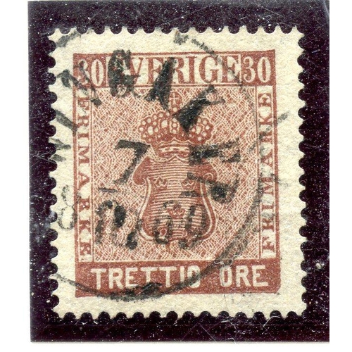 821 - SWEDEN 1858 - 72 30 ore red brown fu. SG 10. Cat £44.