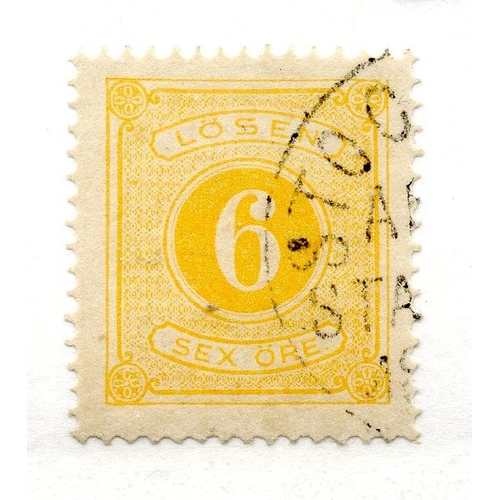 829 - SWEDEN POSTAGE DUE 1874 - 89 6 ore yellow perf 14 vfu. SG D30. Cat £100.