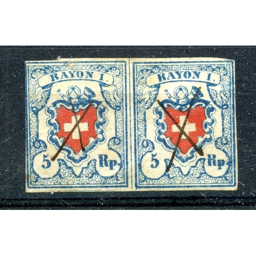 836 - SWITZERLAND 1850 5r red, black and blue Rayon 1 pair, right stamp close cut, left stamp with faults.... 