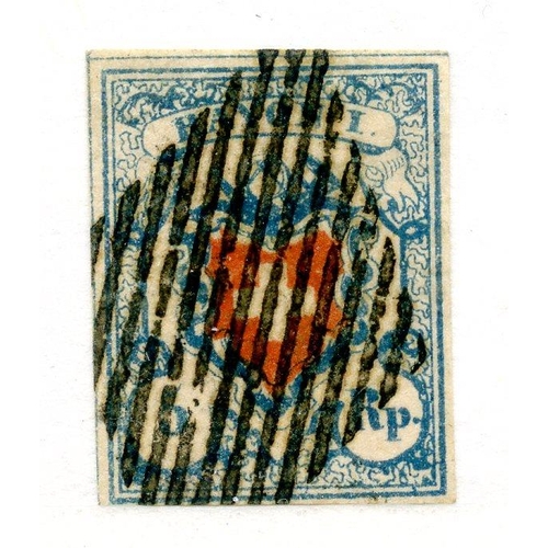 839 - SWITZERLAND 1851 5r red and pale blue 4 margined fu. SG 14. Cat £180.