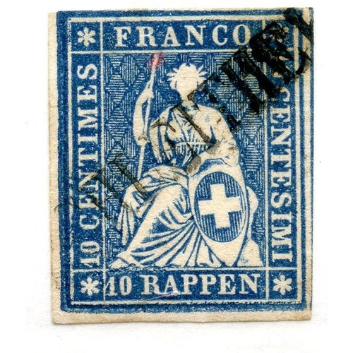 842 - SWITZERLAND 1854 10r bright blue green thread 4 margined fu. SG 26. Cat £100.