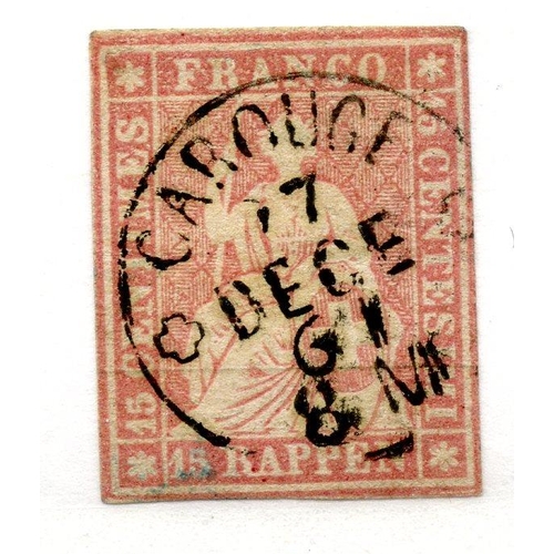 843 - SWITZERLAND 1854 - 62 1r5r pale rose green thread 4 margined cds. SG 31. Cat £130.