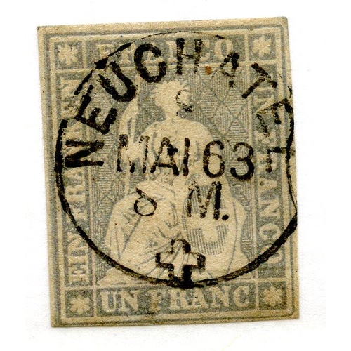 844 - SWITZERLAND 1854 - 62 1f grey lilac yellow thread 4 margined cds. SG 39. Cat £1200.