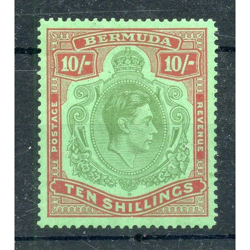 111 - BERMUDA 1938 - 53 10/- yellow green and carmine line perf 14¬ mint.            SG 119b.  Cat £500.