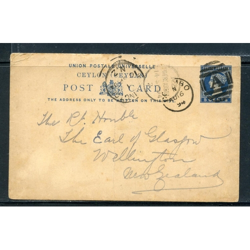 193 - CEYLON 1894 Govenor's stationery card to New Zealand from Shipping Agent. Central crease.