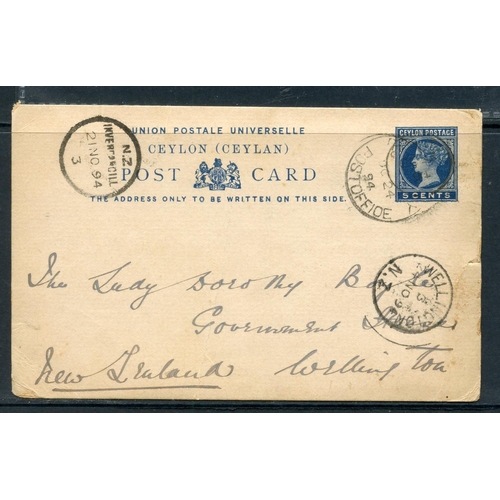 194 - CEYLON 1894 Govenor's wife stationery card to New Zealand postmarked Railway Post Office. Good condi... 