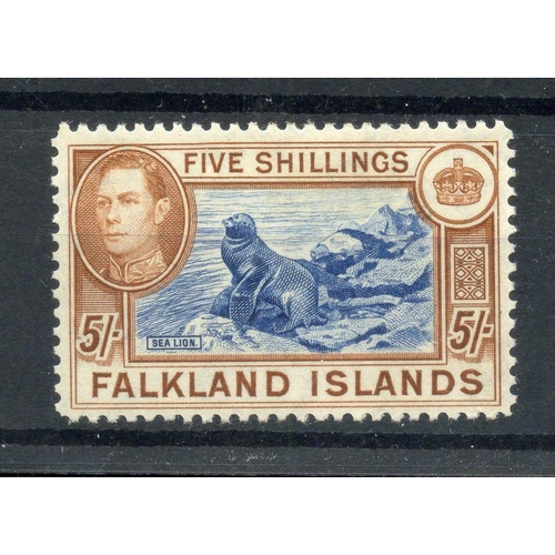 233 - FALKLAND IS 1938 - 50 5/- steel blue and buff-brown mint. SG 161d. Cat £425.