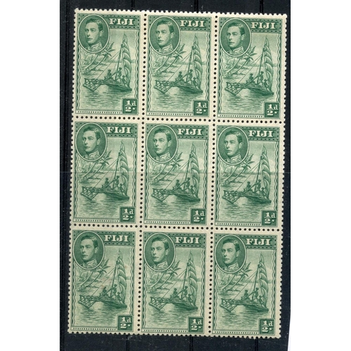 257 - FIJI 1938 - 55 ½d green perf 12 block of 9 including the variety 'Extra palm frond' um. SG 249b, ba.... 