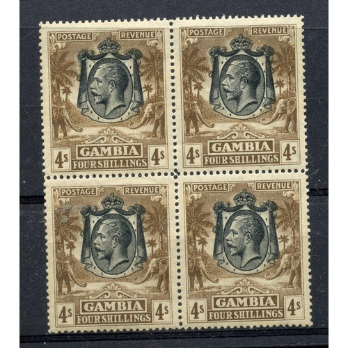 296 - GAMBIA 1922 - 29 4/- brown in block of 4 mint or um (light toning). SG 140. Cat £168.
