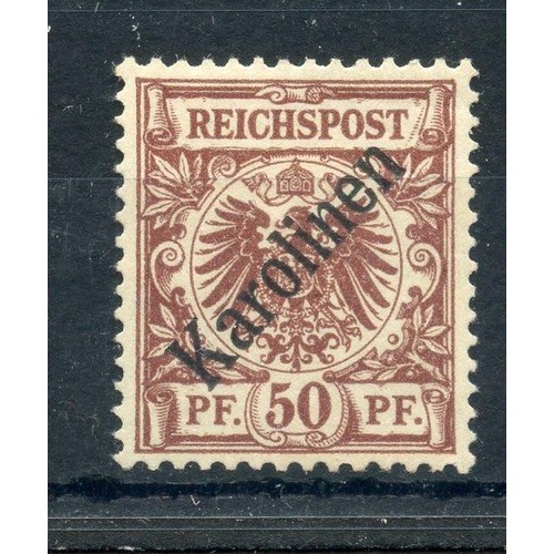 301 - GERMAN COLS CAROLINE 1899 - 1900 50pf chocolate opt mint. SG 6. Cat £900.
