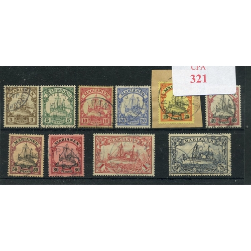 321 - GERMAN COLS MARIANA IS 1901 set to 80pf (less 30pf), 25pf on piece fu. SG 13 - 21. Cat £116.