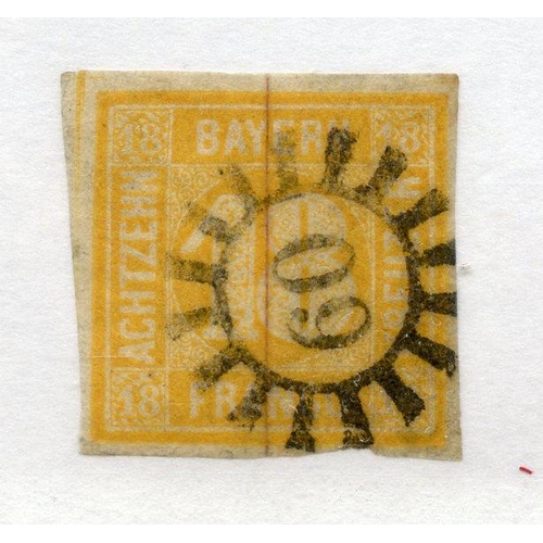 327 - GERMAN STATES BAVARIA 1850 - 58 18k orange-yellow 4 margined imperf fu. SG 19. Cat £225.