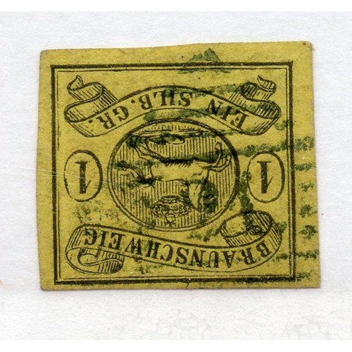 330 - GERMAN STATES BRUNSWICK 1861 - 64 1sgr black on yellow 4 margined imperf fu. SG 17. Cat £90.