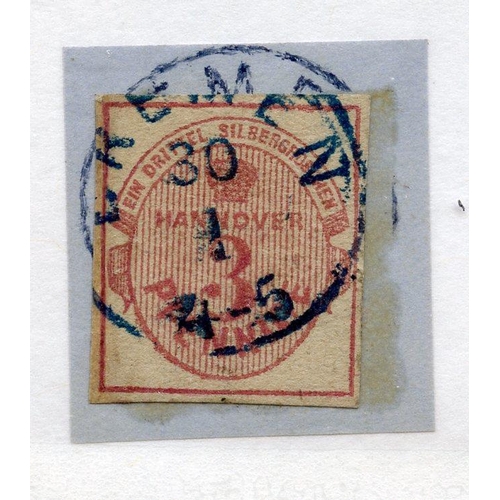334 - GERMAN STATES HANOVER 1853 3pf pale rose 4 margined fu on piece. SG 8. Cat £500.