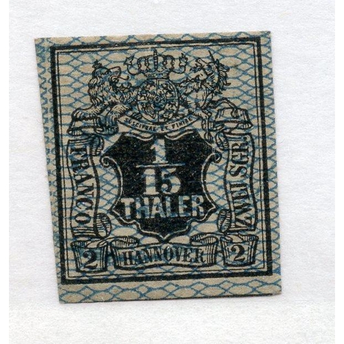336 - GERMAN STATES HANOVER 1856 1/15th black and blue 4 margined imperf. SG 16. Cat £130.
