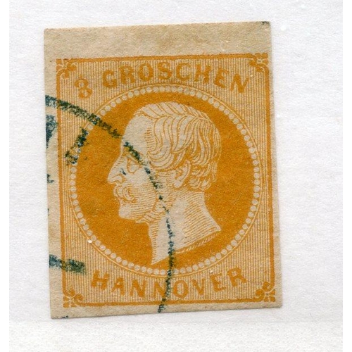 337 - GERMAN STATES HANOVER 1859 - 61 3gr orange-yellow 4 margined imperf fu. SG 27. Cat £110.