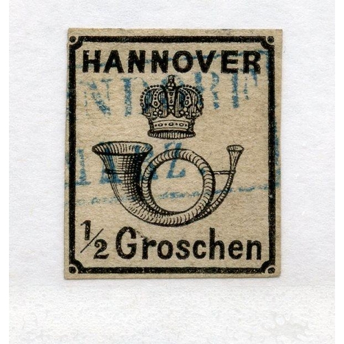 338 - GERMAN STATES HANOVER 1860 - 62 ½gr no wmk, white gum 4 margined imperf fu. SG 32a. Cat £325.