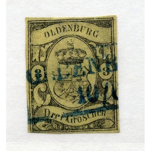 340 - GERMAN STATES OLDENBURG 1859 3g on yellow 4 margined imperf fu. SG 16. Cat £1000.
