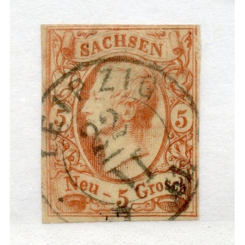342 - GERMAN STATES SAXONY 1855 - 63 5ngr brick red 4 margined imperf fu. SG 24. Cat £100.