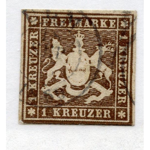 344 - GERMAN STATES WURTT 1859 - 62 1k brown 4 margined fu. SG 21. Cat £170.