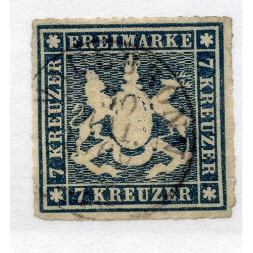 345 - GERMAN STATES WURTT 1865 - 68 7k slate-blue fu. SG 66. Cat £200.