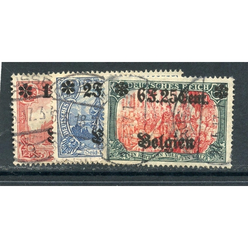349 - GERMAN OCCUPATION BELGIUM 1f25c on 1m red 25x17 holes, 2f50c on 2m blue, 6f25c on 5m lake and black,... 