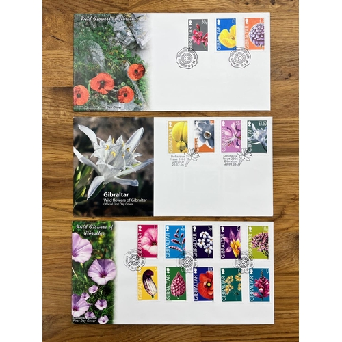 411 - GIBRALTAR 2004 - 06 Wild Flowers definitive set complete on 3 illustrated FDCs. SG 1094 - 116. Stamp... 