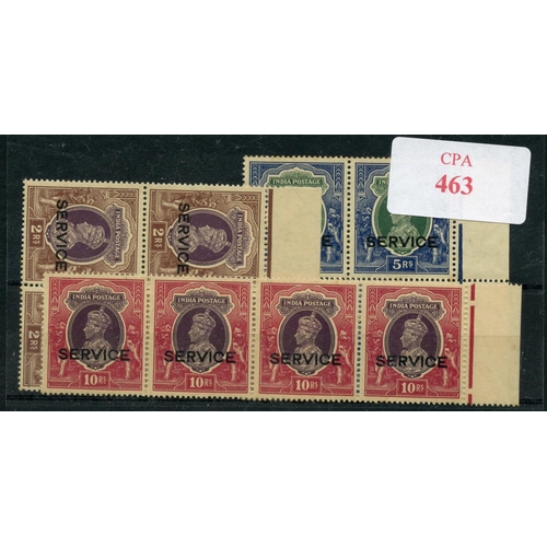463 - INDIA OFFICIALS 1937 - 39 2r and 5r in blocks of 4 plus 10r strip of 4 all um. SG 0136 - 8 Cat £247.