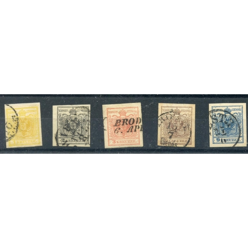 61 - AUSTRIA 1850 1k yellow, 2k black, 3k red, 6k brown, 9k blue all vfu 4 margined. SG 6a, 7, 8a, 9, 10.... 