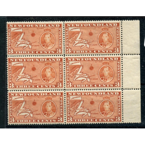 611 - NEWFOUNDLAND 1937 3c orange-brown die 1 perf 13½ (line) marginal block of 6 um. SG 258c. Cat £150.