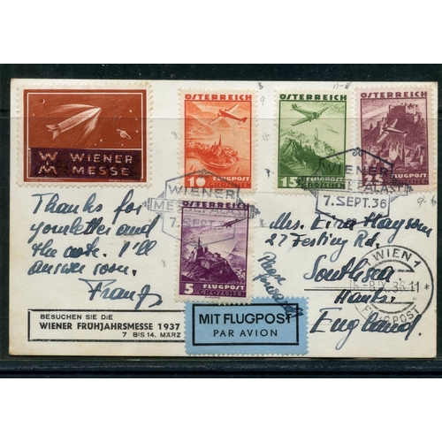 63 - AUSTRIA 1936 postcard to Great Britain from the Vienna Fair, nicely stamped. Good condition.