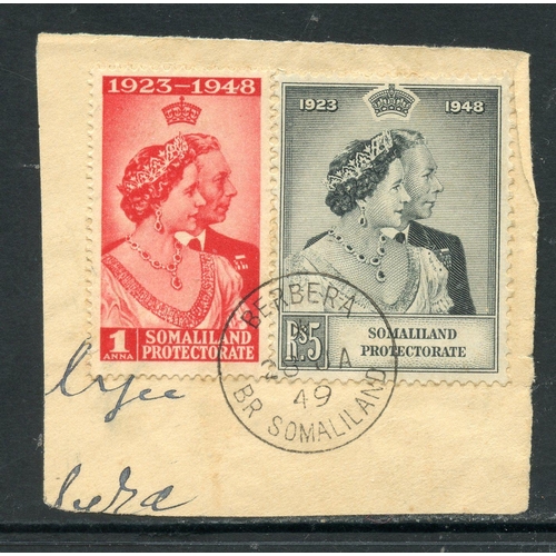 730 - SOMALILAND 1948 Silver Wedding set vfu on small piece. SG 119 - 120. Cat £14.