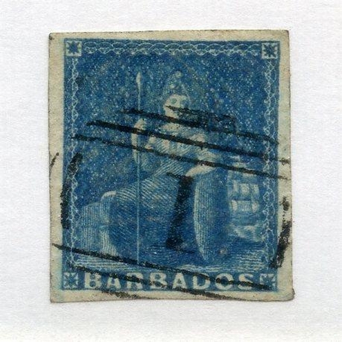 76 - BARBADOS 1852 - 55 1d blue 4 margined vfu. SG 3. Cat £190.