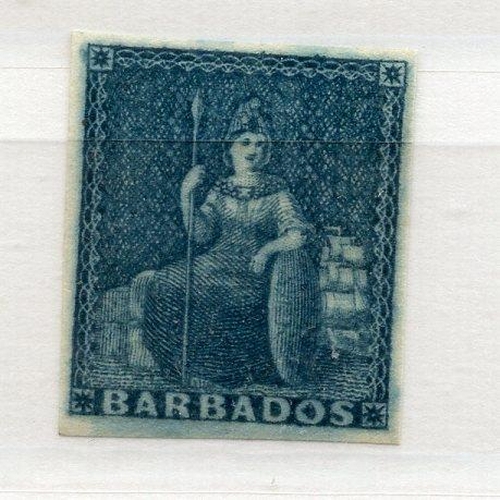 77 - BARBADOS 1852 - 55 1d deep blue 4 margined mint. SG 4. Cat £45.