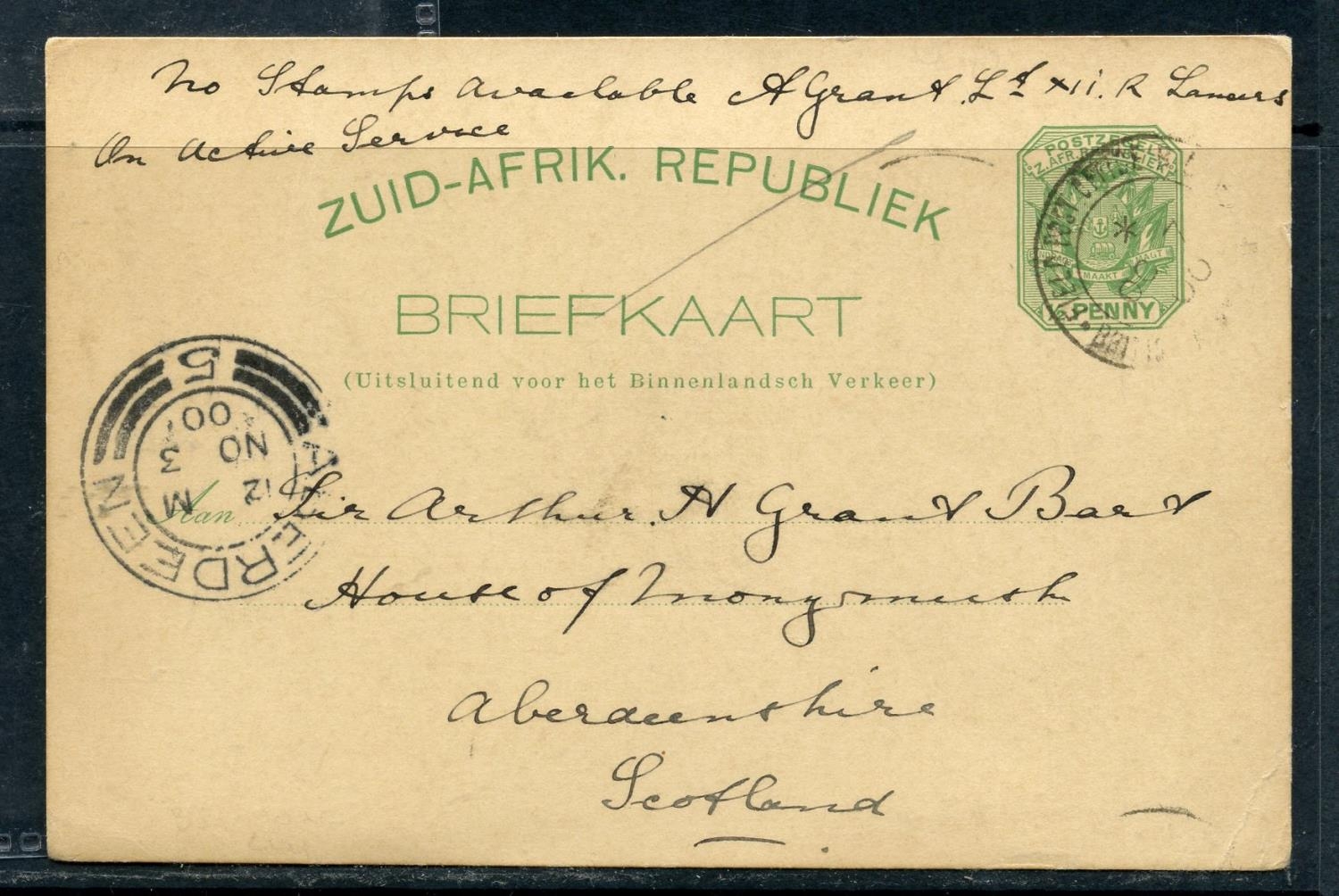 TRANSVAAL 1900 British Forces postal stationery card to Great Britain ...