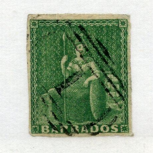 79 - BARBADOS 1855 - 58 ½d yellow green 4 margined vfu. SG 7. Cat £110.