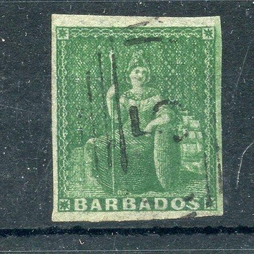 80 - BARBADOS 1855 - 58 ½d green 4 margined vfu. SG 8. Cat £150.
