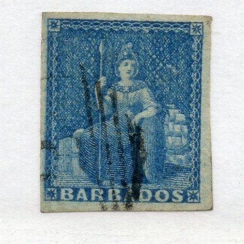 81 - BARBADOS 1855 - 58 1d pale blue 4 margined vfu. SG 9. Cat £85.