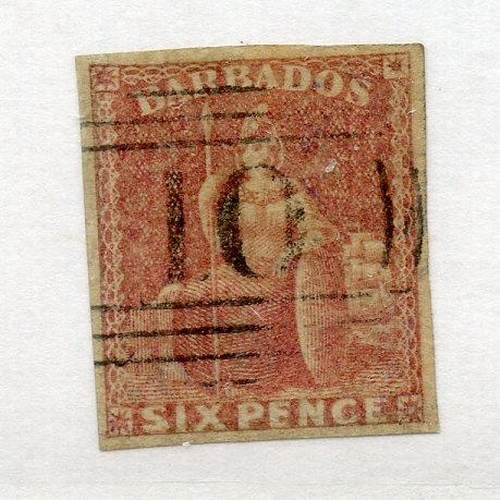 82 - BARBADOS 1858 6d pale rose red 4 margined with no 10 cancel (St Peter's). SG 11. Cat £130.