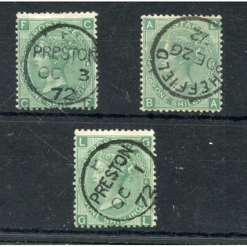 906 - 1867 - 80 1/- plate 6 x 3 cds examples fu. SG 117. Cat £135.