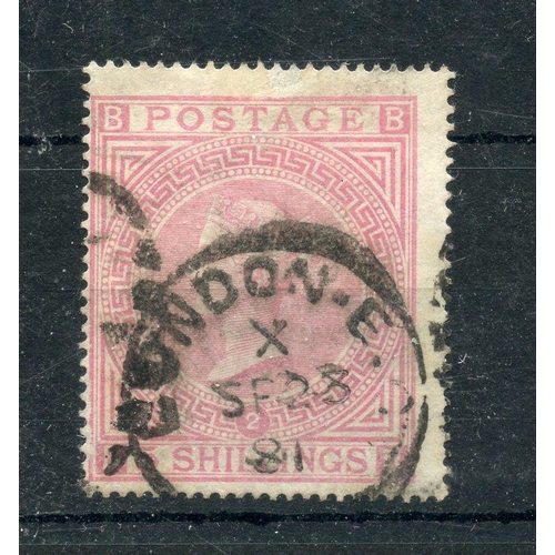 907 - 1867 - 83 5/- pale rose plate 2 (BB) good used with London cds. SG 127. Cat £1500.