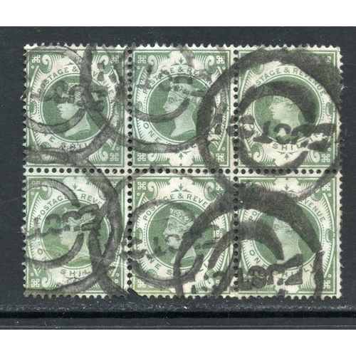 920 - 1887 - 1900 1/- dull green in a block of 6 with Euston circular cancel.  SG 211.  Cat £480+.